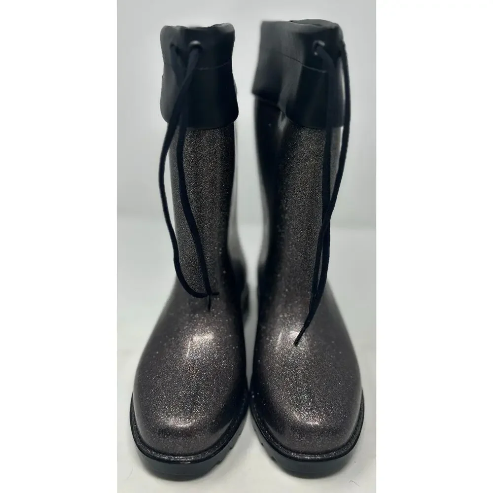 Mel Dreamed by Melissa Girl's Black Glitter Rain‎ Boot Ruffle Me This Size 3